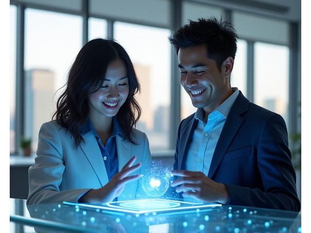 Two founders, Dr. Emily Chen and Marcus Rodriguez, smiling and collaborating over a tablet in a modern, sunlit office, showcasing a blend of technology and human connection.