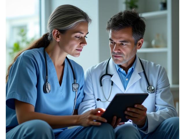Doctor and patient discussing health, looking at a tablet