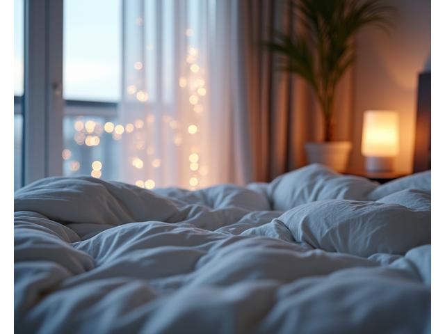 Peaceful bedroom setting with soft lighting and a comfortable bed