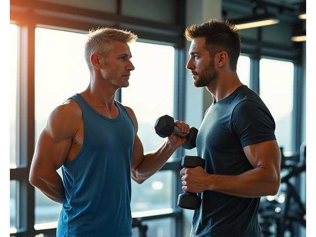 Fitness Coach Mark Thompson guiding a client through low-impact exercises in a sunlit gym.