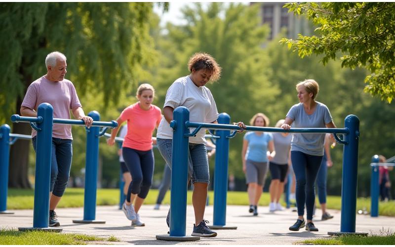 People exercising on outdoor fitness equipment in a sunny Philadelphia park.