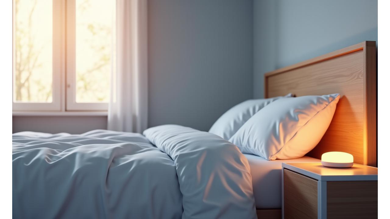 A serene bedroom with soft lighting, inviting bed, and a subtle glowing sleep tracker on a nightstand, symbolizing restful sleep.