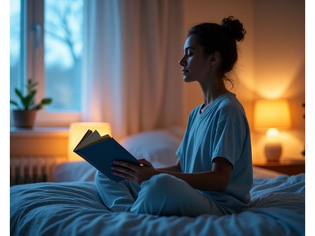 A serene individual practicing a gentle stretching routine in a softly lit room, symbolizing a personalized evening wind-down routine.