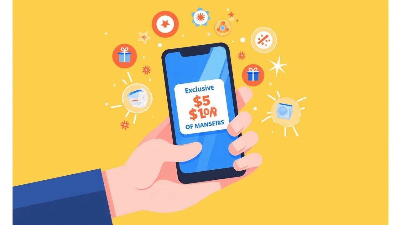 Illustration of hands holding a phone displaying 'Exclusive Savings' with confetti and vibrant icons