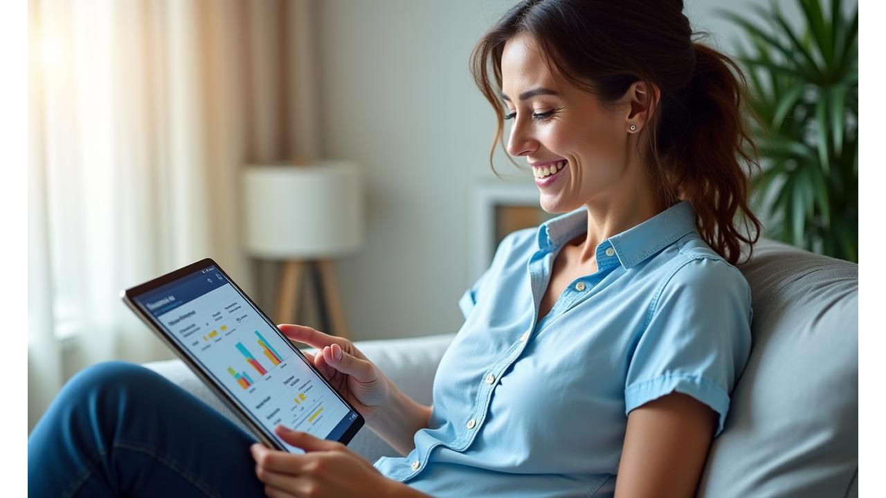 Woman viewing personalized wellness recommendations on a tablet, with a serene background