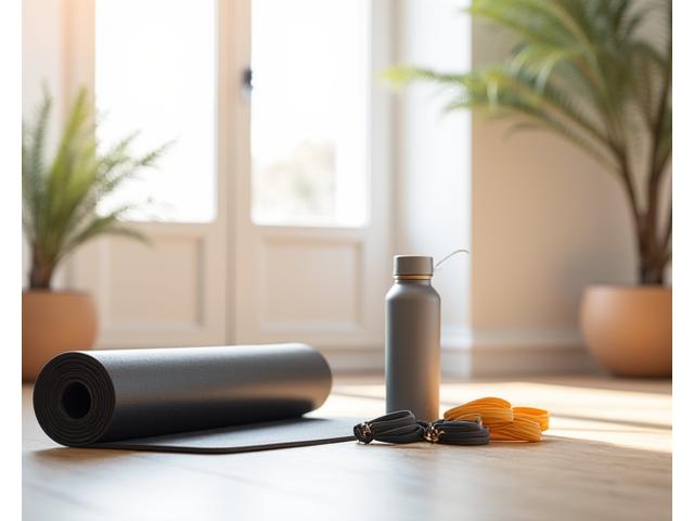 Yoga mat, foam roller, resistance bands, and a water bottle on a clean gym floor